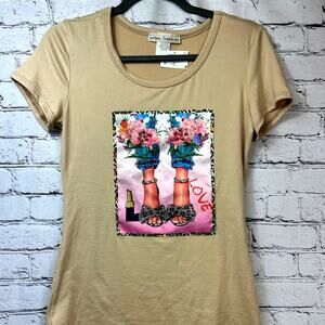 Studded Studs Urban Freedom Blinged Out Tee Shirt Beige M